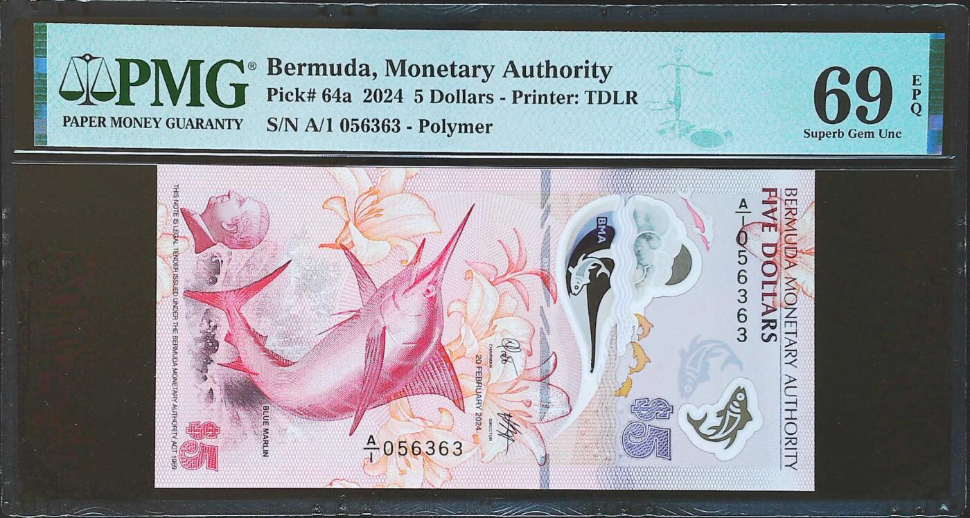 世界靓号纸钞第八十一期 2024年百慕大5元 首发A1冠 全程无47 PMG69 超高分 亚军分 2024年IBNS世界最佳纸币