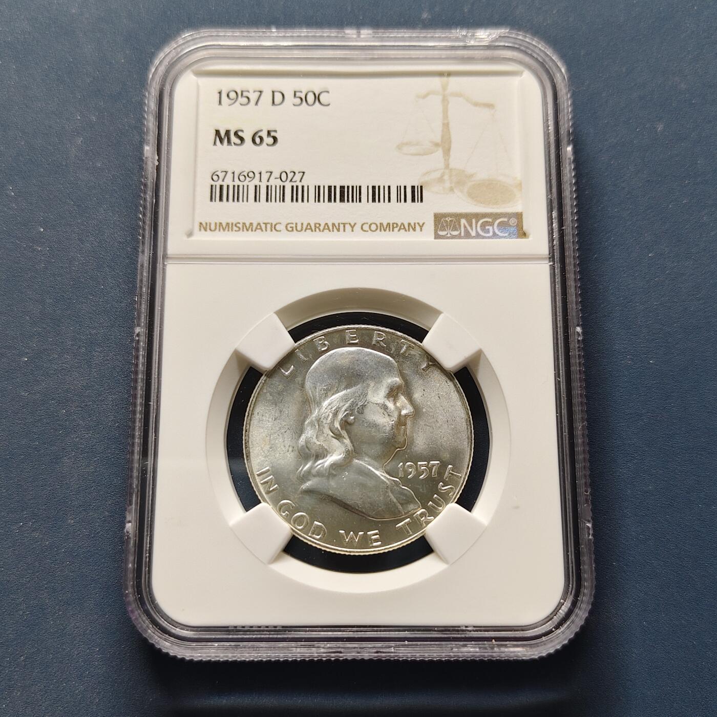 【全场包邮】纯粹捡漏拍495场-持续更新中 美国1957年富兰克林半元银币-NGC MS65
