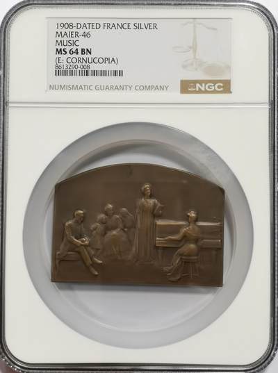 博洋堂世界钱币拍卖第157期（全场包邮） - NGC MS64 SAMF作品46号，铜章，标题：音乐，费南德·大卫作品，规格：57×75毫米，年份：1908年，铸量：铜章99枚，银章52枚，法定缴存4枚，作者留存2枚，大卫在这枚章牌的正面刻画了他曾在1902年沙龙上展出的名为“小提琴手（又名“音乐”）”的雕像。该雕塑是这位艺术家的第一件重要作品，吸引了大量关注，并由法国国家收购。材质上有误标，实际为铜章