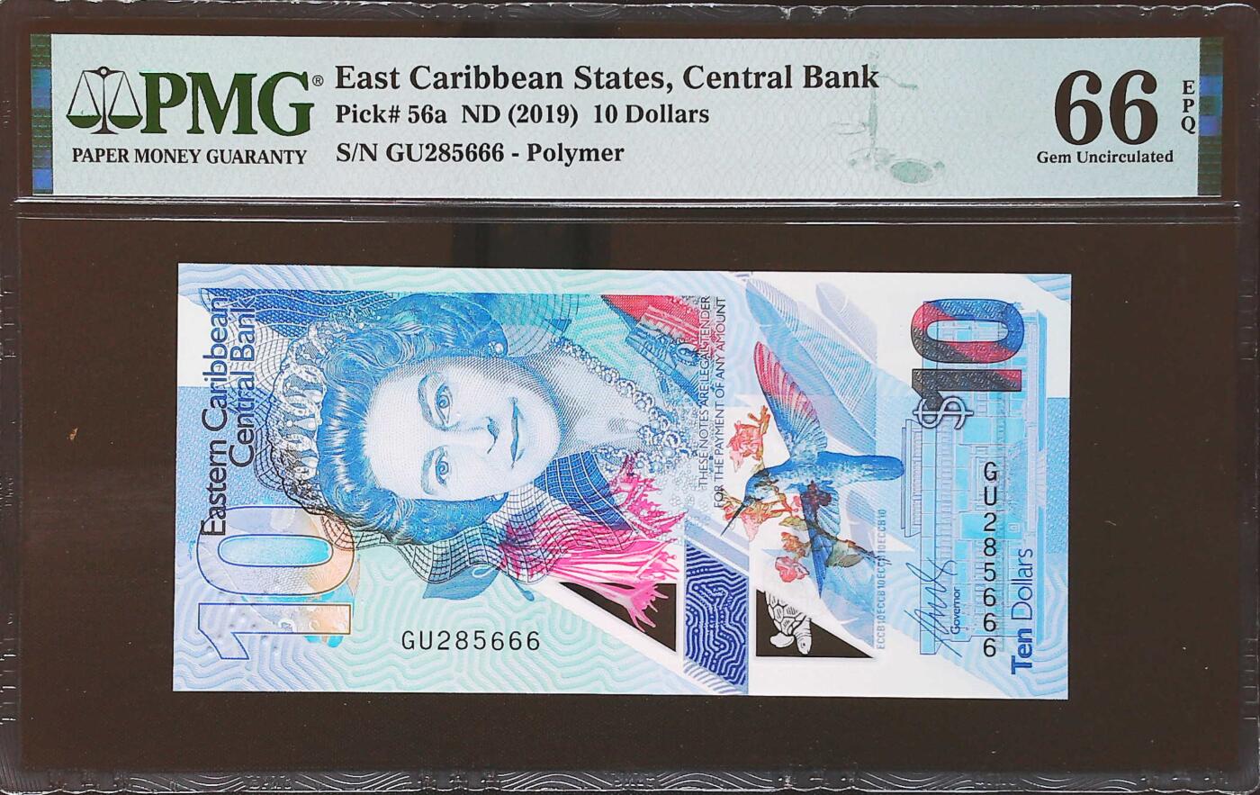 世界靓号纸钞第八十一期 2019年东加勒比10元 全程无347 豹子号666 PMG66