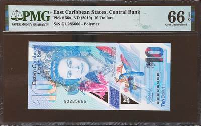 世界靓号纸钞第八十一期 - 2019年东加勒比10元 全程无347 豹子号666 PMG66