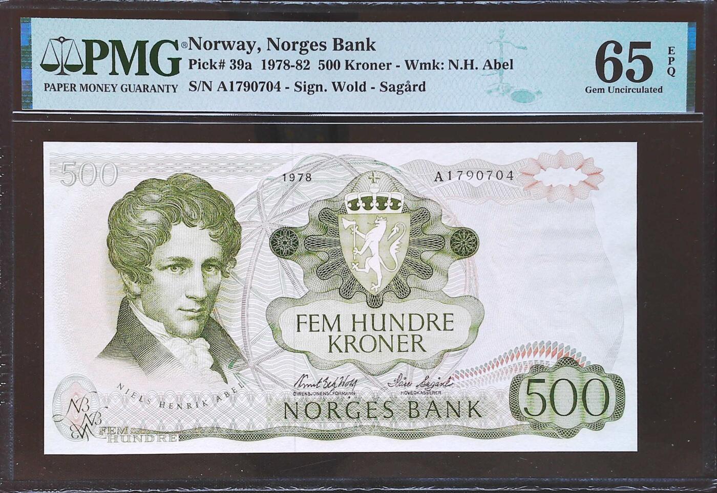 世界靓号纸钞第八十一期 1978年挪威500克朗 首发年份 a版 PMG65 经典阿贝尔