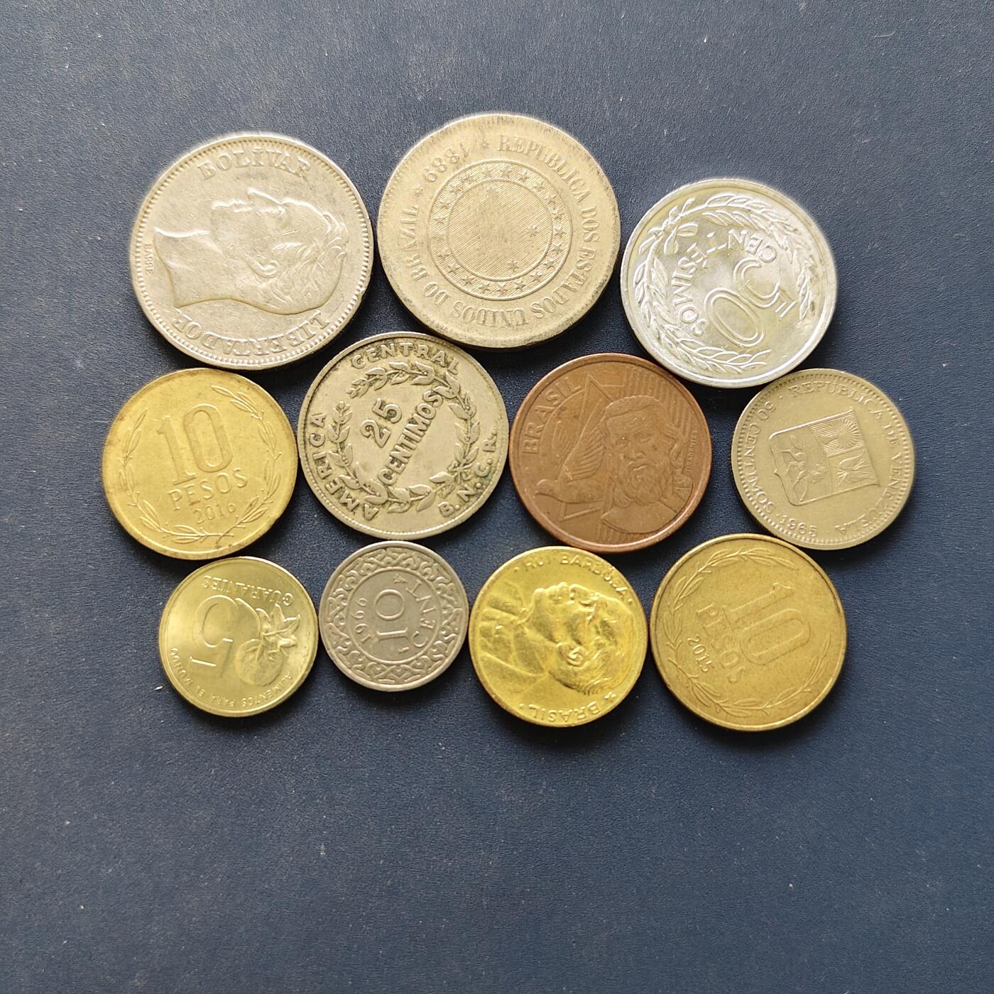 【全场包邮】纯粹捡漏拍494场 美洲各国各年份散币11枚一组-巴西+委内瑞拉+乌拉圭+智利+哥斯达黎加等