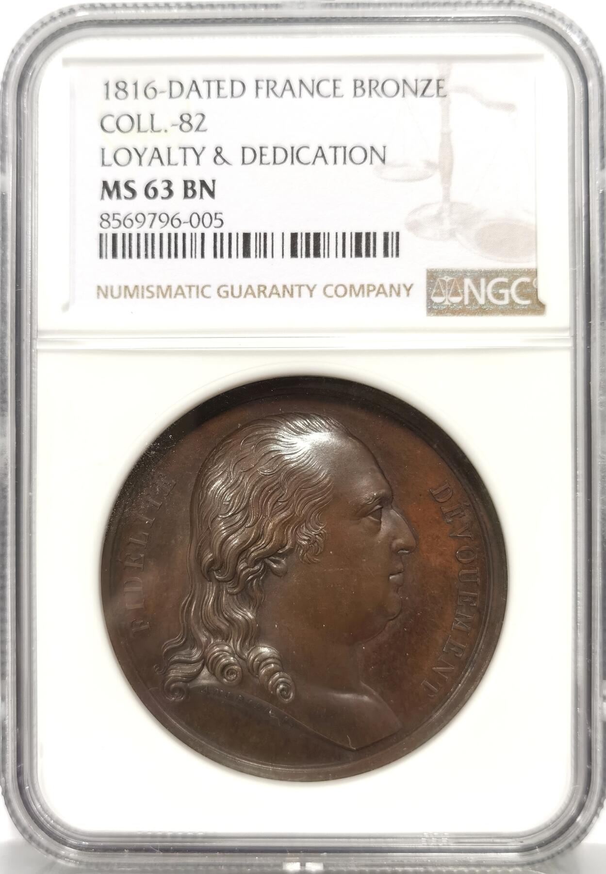 博洋堂世界钱币拍卖第157期（全场包邮） NGC MS63BN 法国1816年纪念路易十六波旁王朝第一次复辟高浮雕大铜章，路易十六的右脸像和加冕的皇冠，红铜币面光泽油亮，状态保存非常之好！