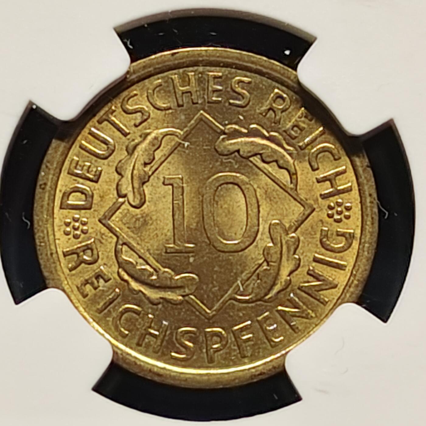 【全场包邮】纯粹捡漏拍495场-持续更新中 德国魏玛共和国1936年10芬妮-NGC MS65