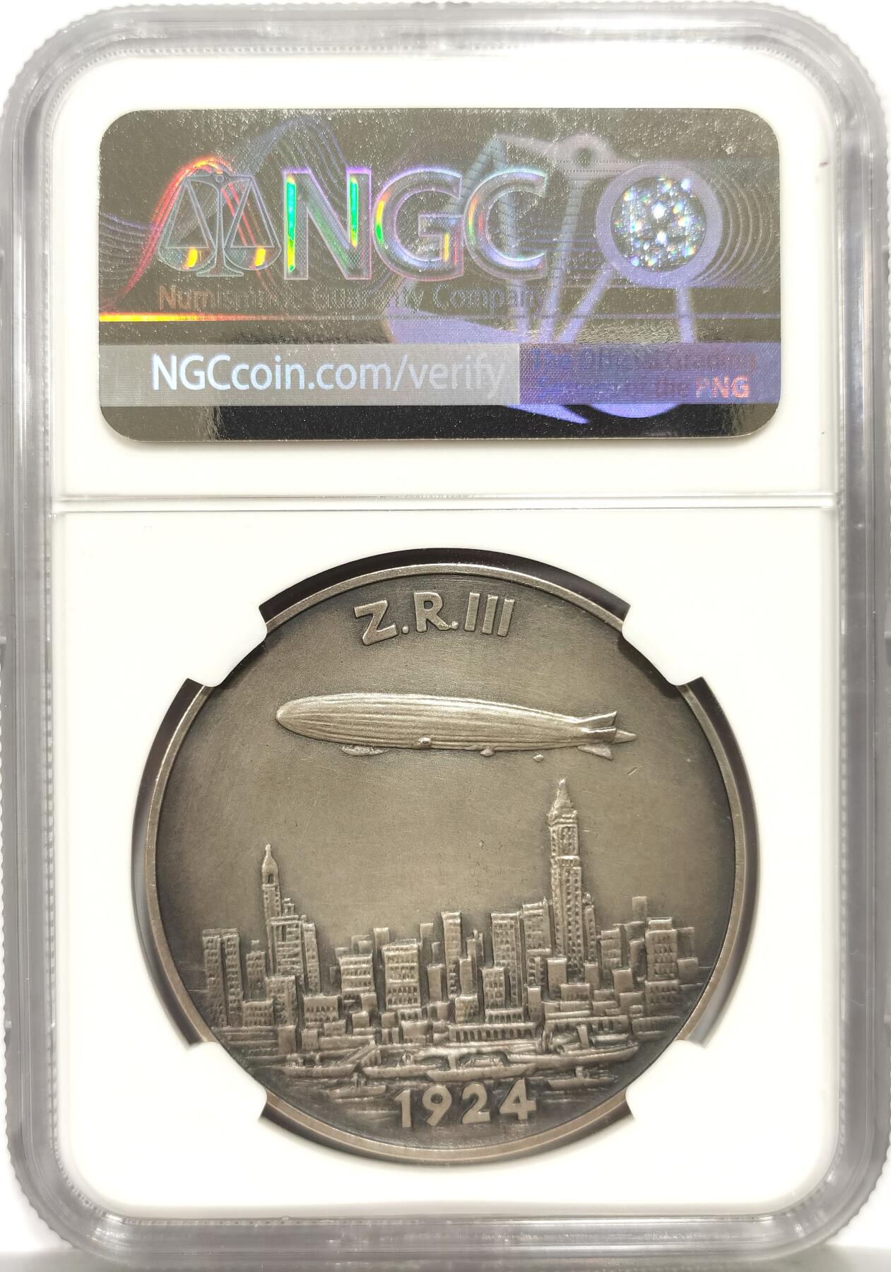 博洋堂世界钱币拍卖第157期（全场包邮） NGC MS61 德国1924年齐柏林飞艇飞跃美国纪念大银章，少见的原铸版，经典的暗灰包浆。