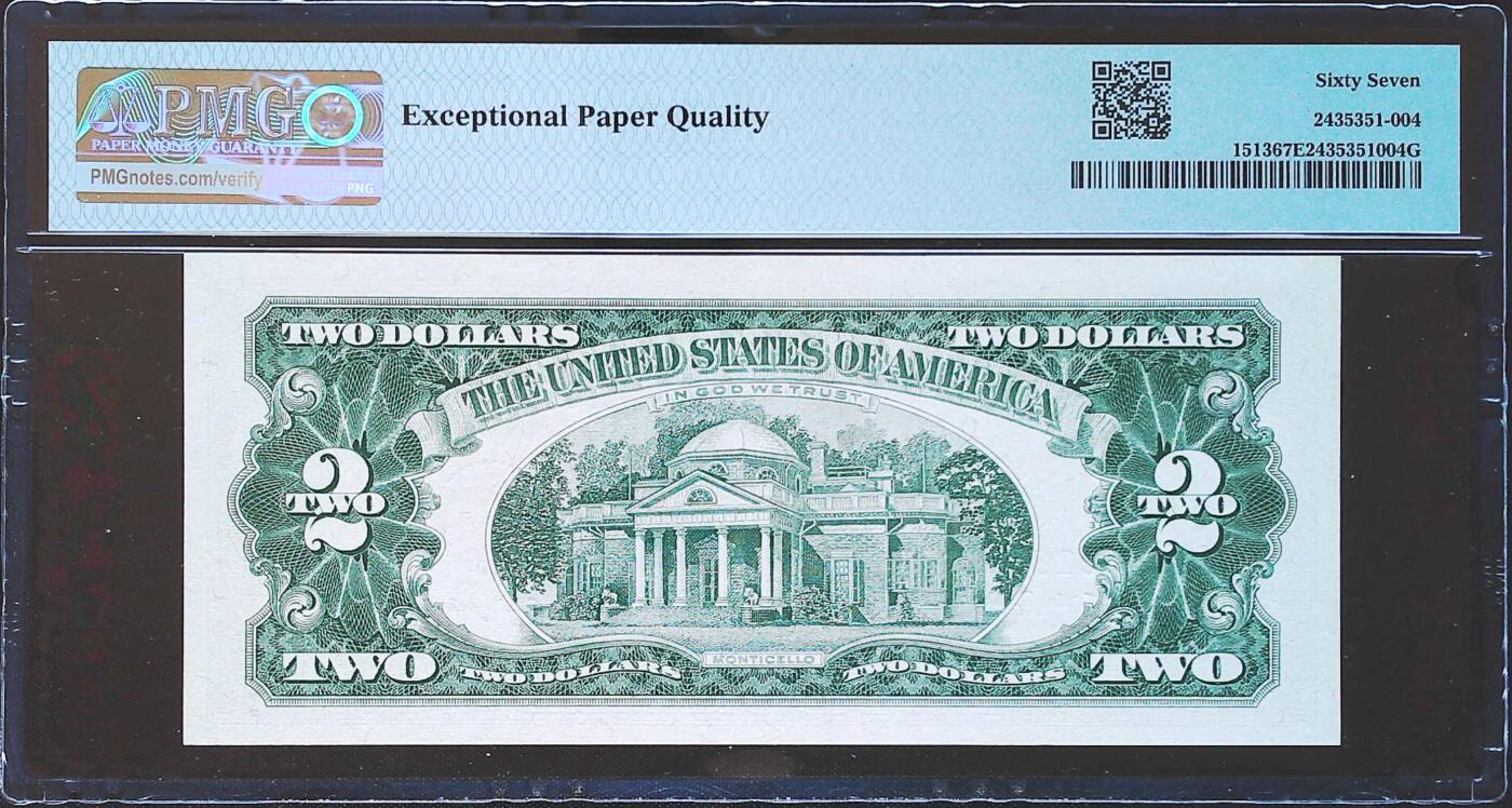世界靓号纸钞第八十一期 1963年美国2美元 老美金 首发AA冠 全偶数 PMG67 超高分