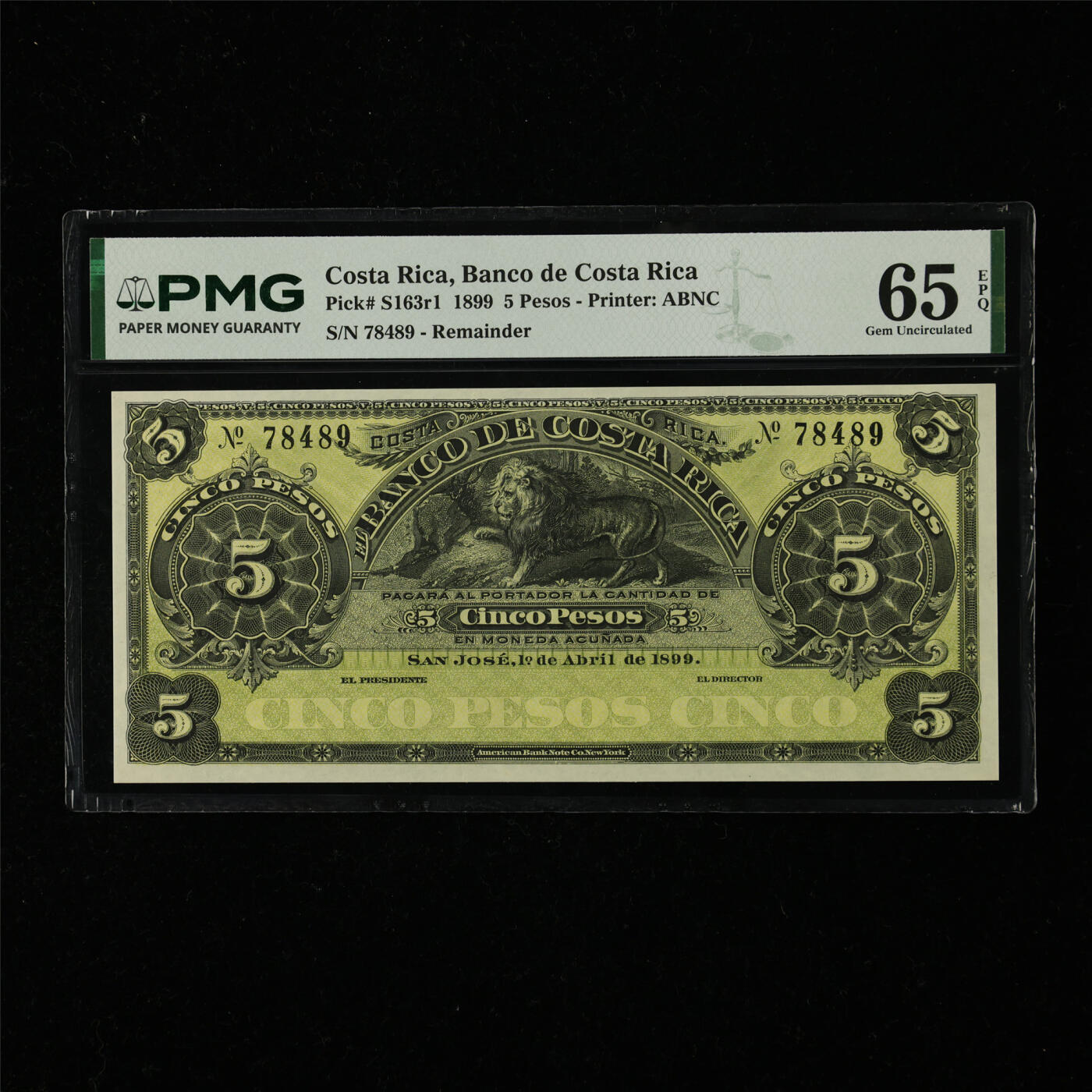 【亘邦集藏】第218期拍卖 1899年 哥斯达黎加5比索 PMG 65EPQ 78489