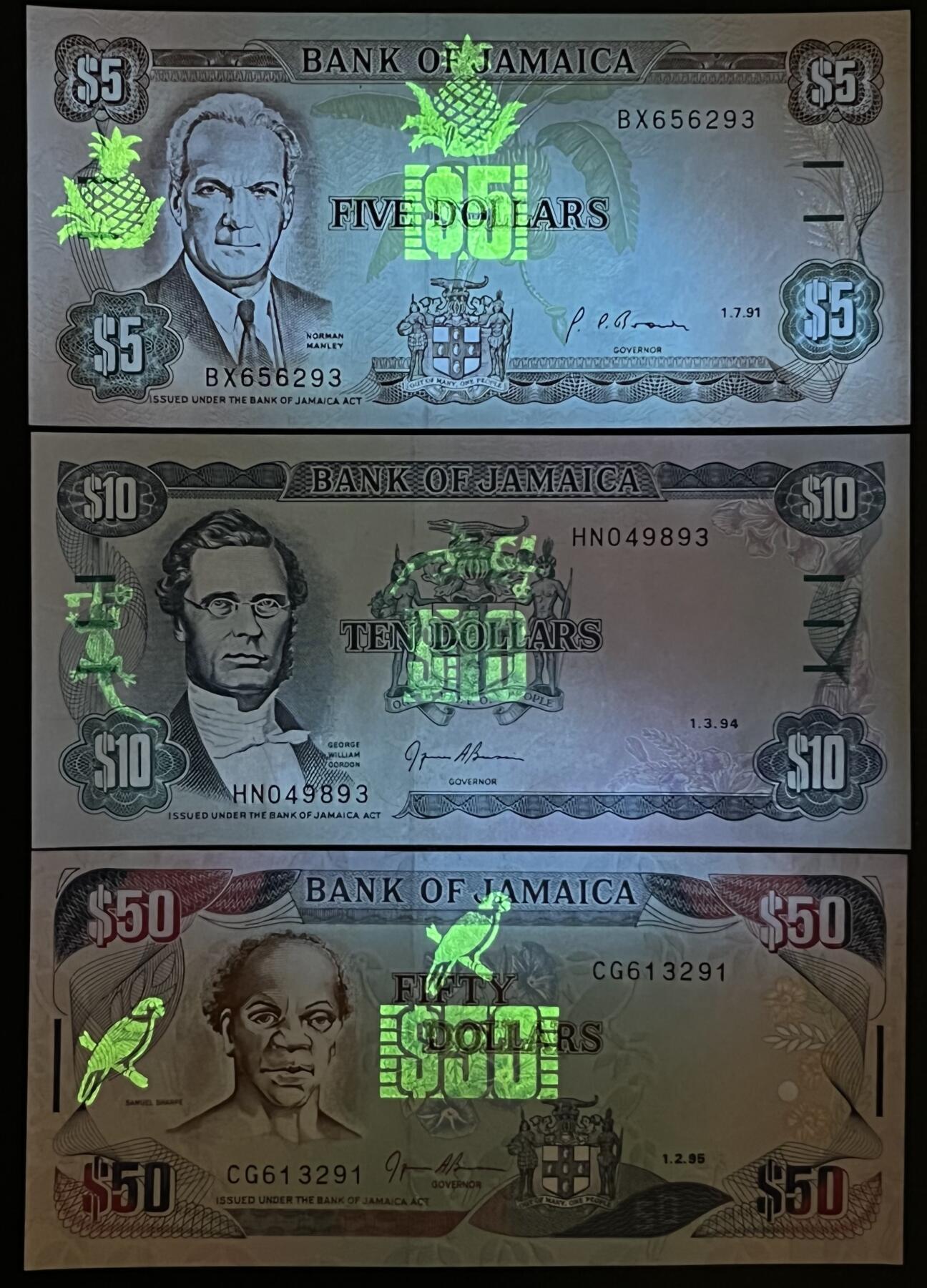 小福收藏拍卖第199期 裸钞场 本期有多张豹子号靓号 瑞士1000法郎 经典提香 毛里求斯首发年大全套 白俄罗斯5000000卢布 苏里南10000盾  爱沙尼亚  苏丹 西班牙 保加利亚 古巴等多国精美纸币 牙买加 1985-1999年 5 10 50元 1组3张（2张无47）unc