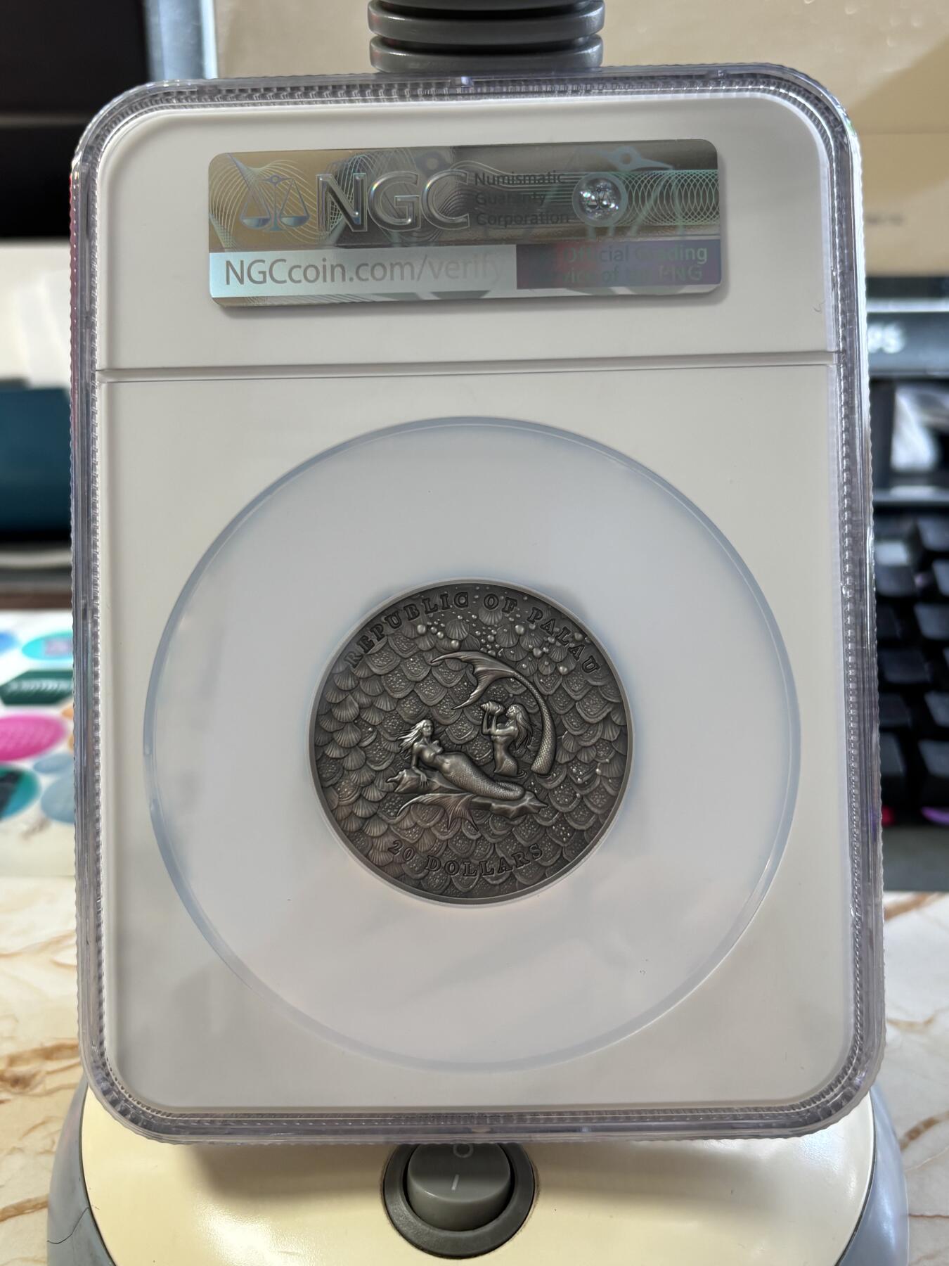 第188期拍卖 帕劳2024年水下幻想美人鱼3盎司银币NGC-MS70分首无盒证书，3盎司，发行777枚