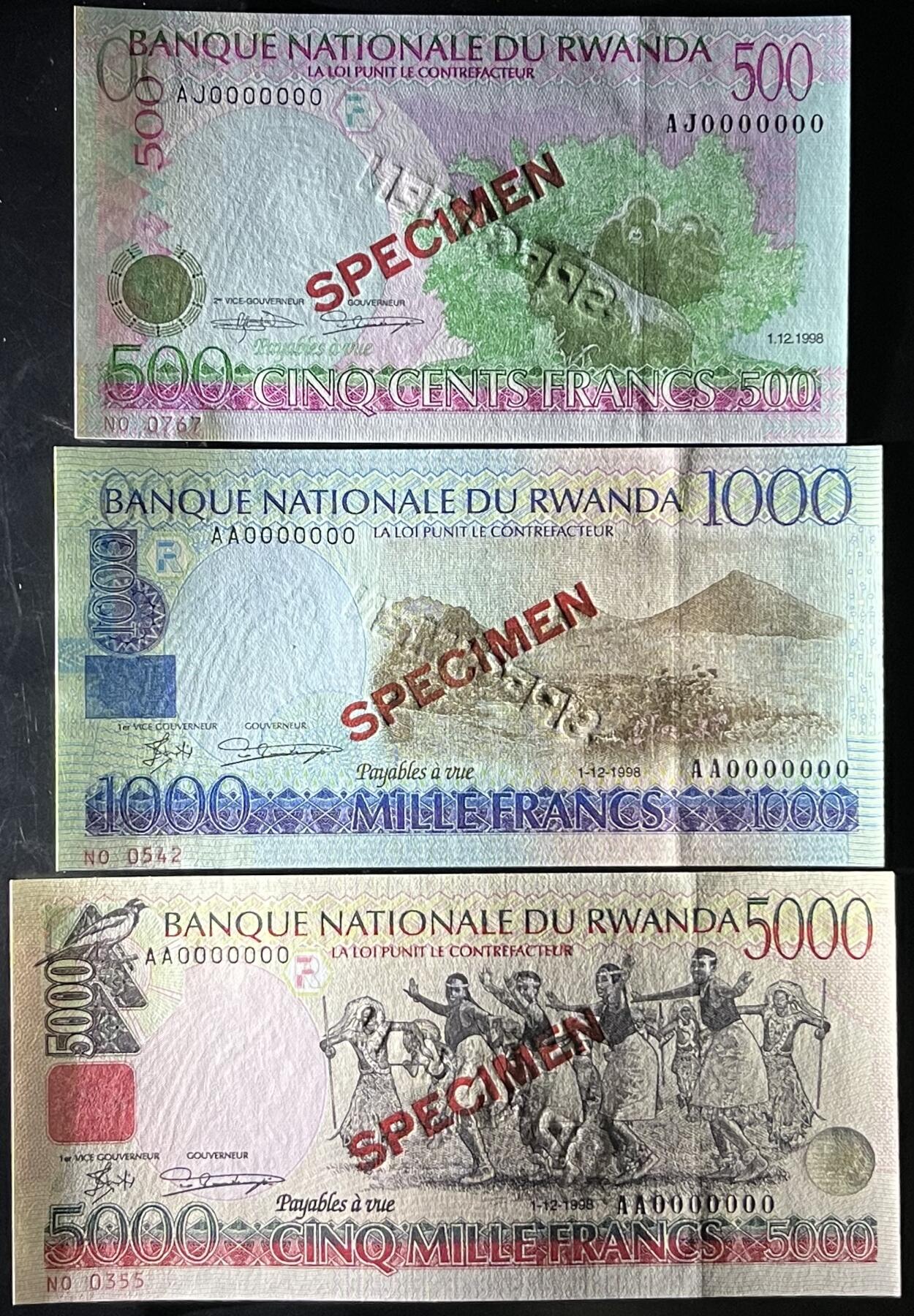 小福收藏拍卖第199期 裸钞场 本期有多张豹子号靓号 瑞士1000法郎 经典提香 毛里求斯首发年大全套 白俄罗斯5000000卢布 苏里南10000盾  爱沙尼亚  苏丹 西班牙 保加利亚 古巴等多国精美纸币 卢旺达 1998年 500 1000 5000法郎 样钞 1组3张 unc