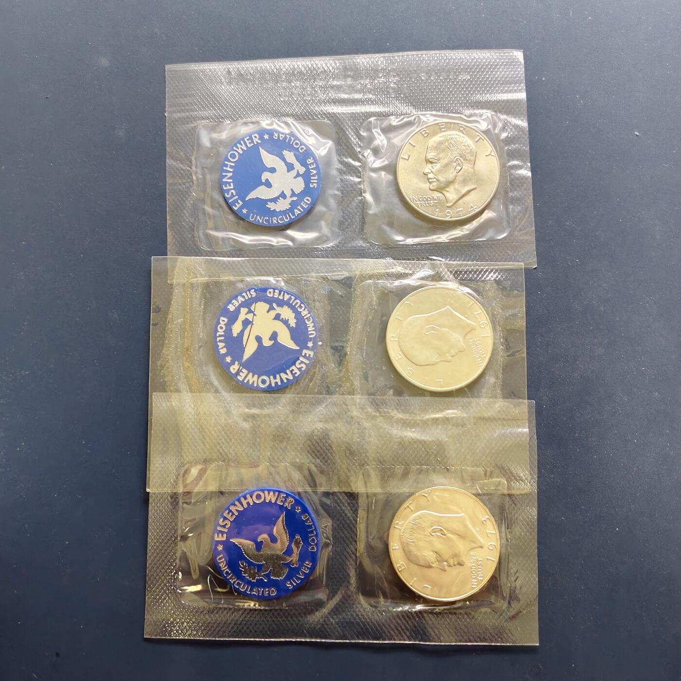 【全场包邮】纯粹捡漏拍495场-持续更新中 美国1971年1元官方封装艾森豪威尔S版精制银币3套-盒证全【38.1毫米24.6克，纯银价约590元（按20元银价折算）】