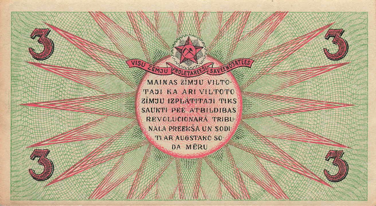 小福收藏拍卖第199期 裸钞场 本期有多张豹子号靓号 瑞士1000法郎 经典提香 毛里求斯首发年大全套 白俄罗斯5000000卢布 苏里南10000盾  爱沙尼亚  苏丹 西班牙 保加利亚 古巴等多国精美纸币 拉脱维亚 1919年 3Rubłi 有镰刀锤子图案和拉脱维亚语“全世界无产者，联合起来！” 罕见品种 超百年老钞 边缘泛自然微黄 unc-