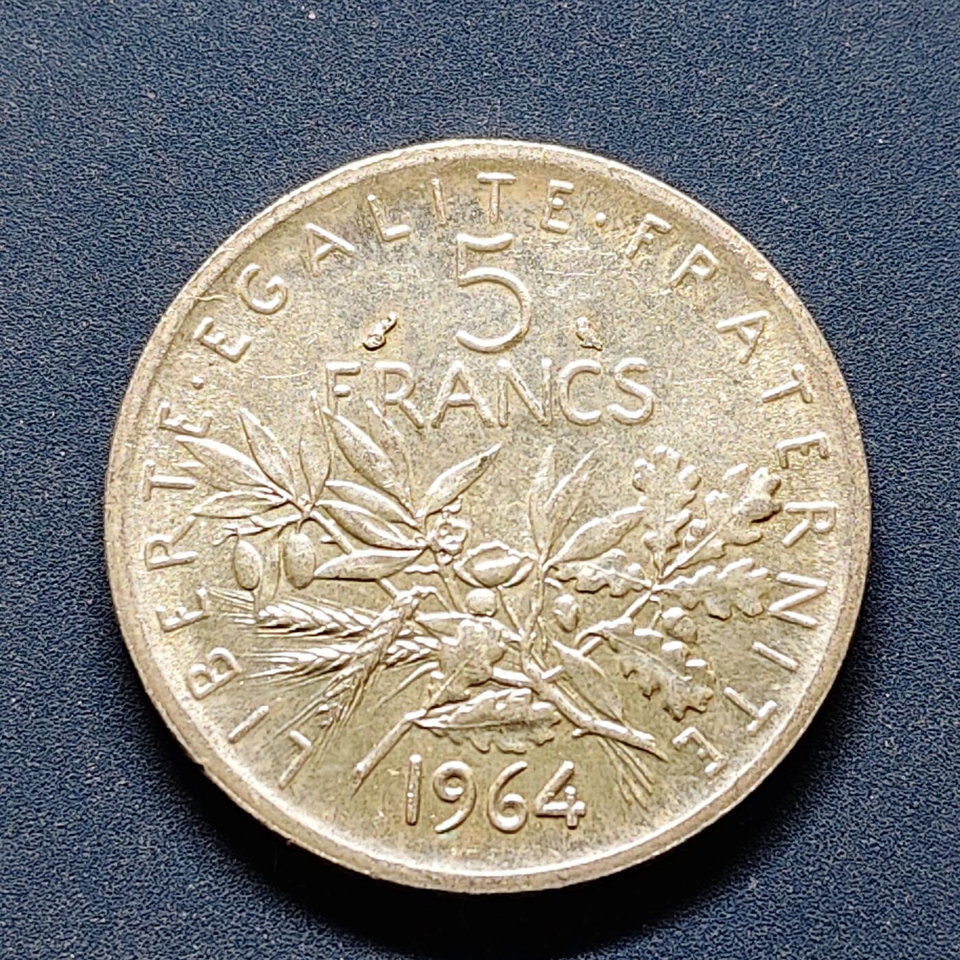 【全场包邮】纯粹捡漏拍494场 法国1964年播种女神5法郎银币【29毫米12克，纯银价约200元（按20元银价折算）】