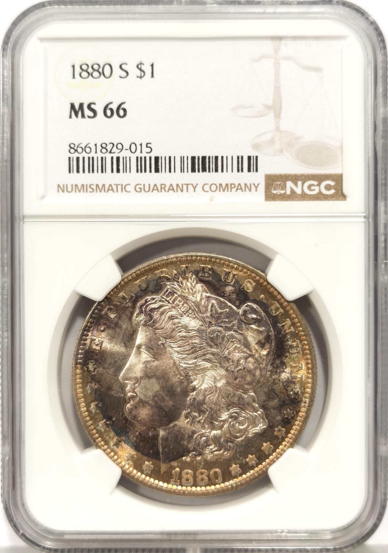 博洋堂世界钱币拍卖第157期（全场包邮） NGC MS66 美国1880 S 摩根 双面五彩包浆