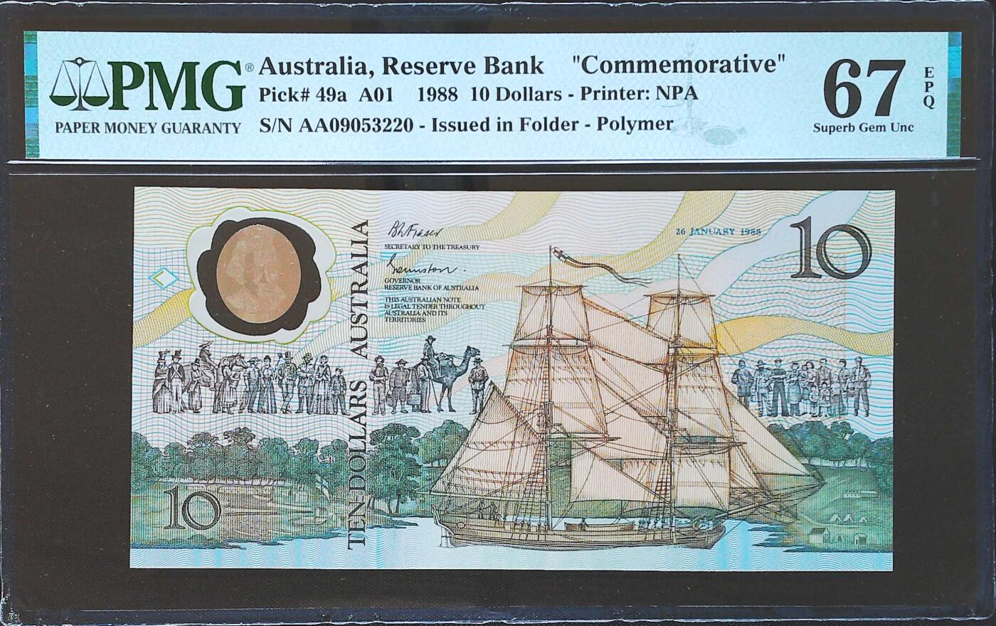 世界靓号纸钞第八十一期 1988年澳大利亚10元纪念钞 首发AA冠 全程无47 PMG67 高分 世界上第一张Polymer塑料钞