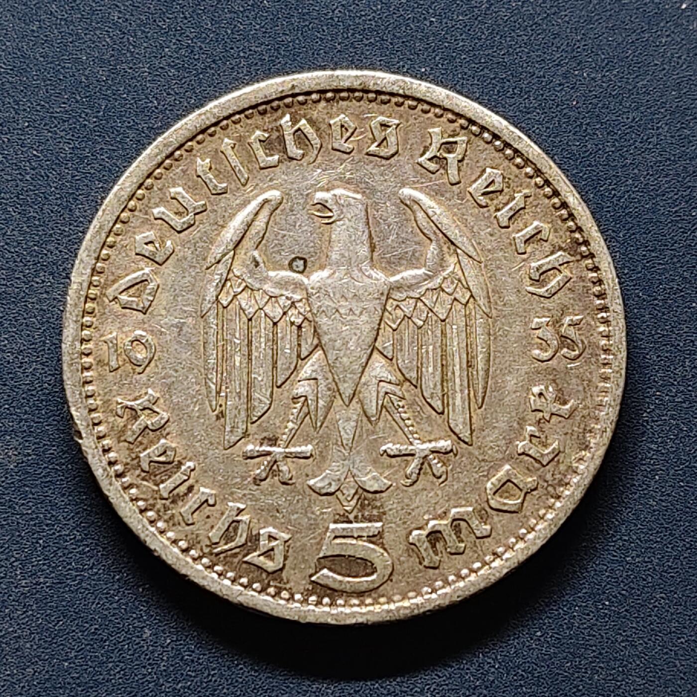 【全场包邮】纯粹捡漏拍495场-持续更新中 德国第三帝国935年5马克银币【29毫米13.88克，纯银价约250元（按20元银价折算）】