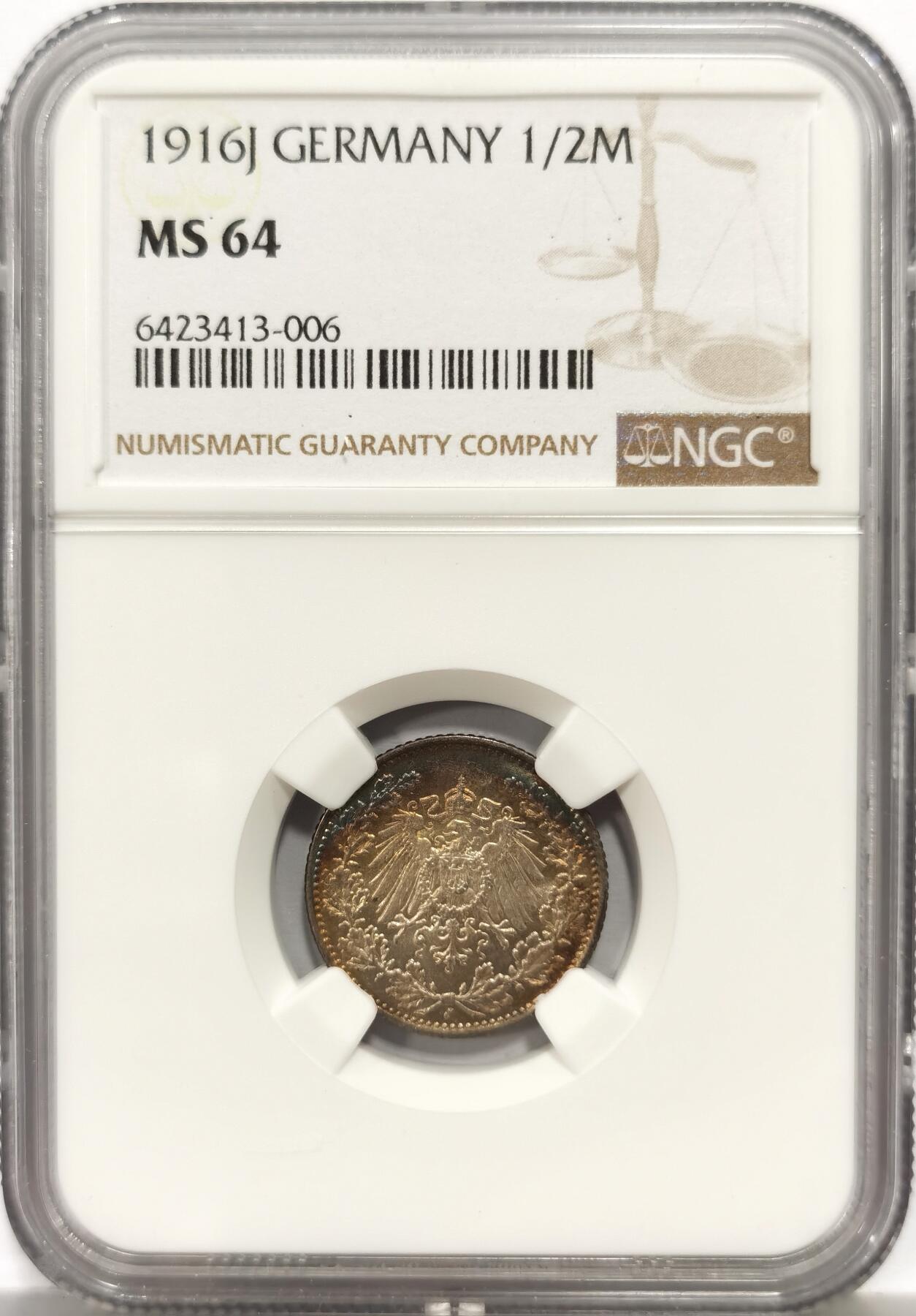 博洋堂世界钱币拍卖第157期（全场包邮） NGC MS64 德国1916年J版1/2马克银币
