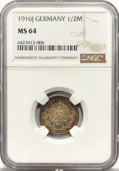 博洋堂世界钱币拍卖第157期（全场包邮） - NGC MS64 德国1916年J版1/2马克银币