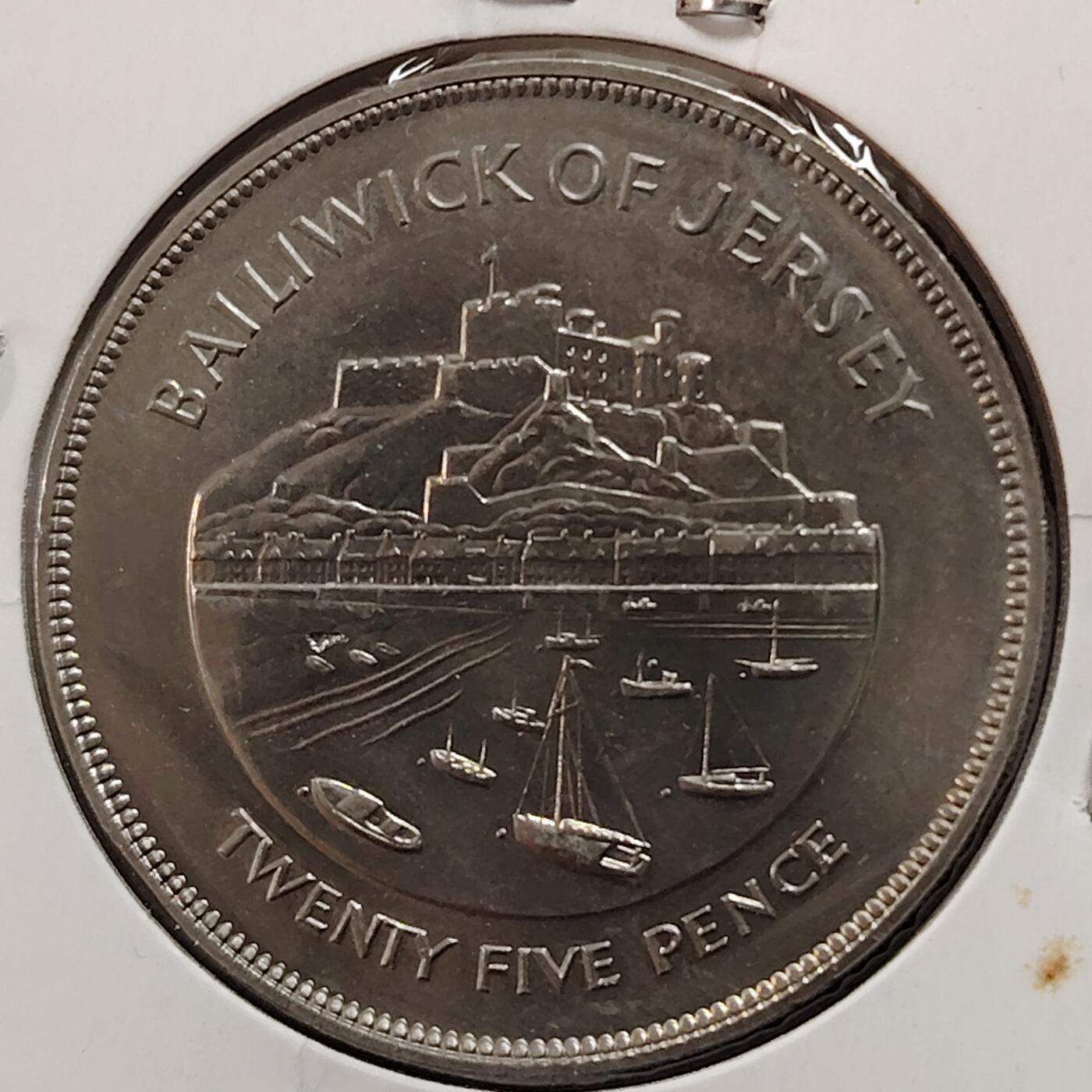 布加迪🐬～世界钱币(上海)🌾第 269 期 /  各国套币和散币 泽西岛 1977年 25便士 克朗币 原光好品