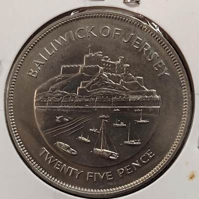 布加迪🐬～世界钱币(上海)🌾第 269 期 /  各国套币和散币 - 泽西岛 1977年 25便士 克朗币 原光好品