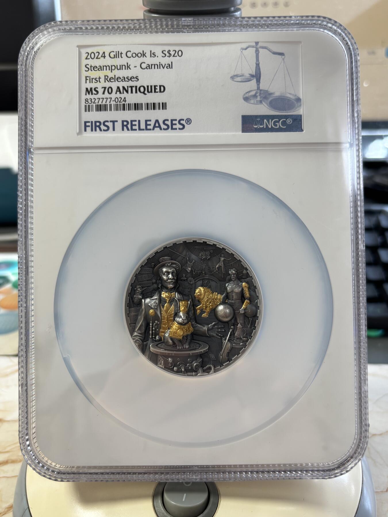 第188期拍卖 库克2024年蒸汽朋克狂欢3盎司镀金银币NGC-MS70首无盒无证书，9999银，发行888枚