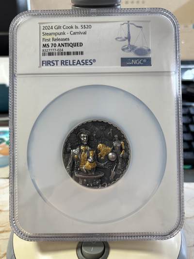 第188期拍卖 - 库克2024年蒸汽朋克狂欢3盎司镀金银币NGC-MS70首无盒无证书，9999银，发行888枚