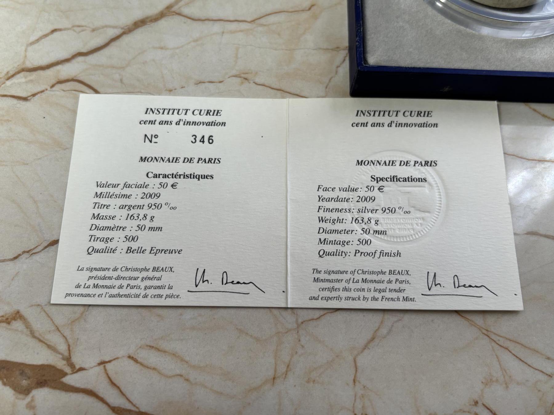 第188期拍卖 法国2009年居里夫人研究所100周年5盎司加厚银币，950银，163.8克，发行500枚