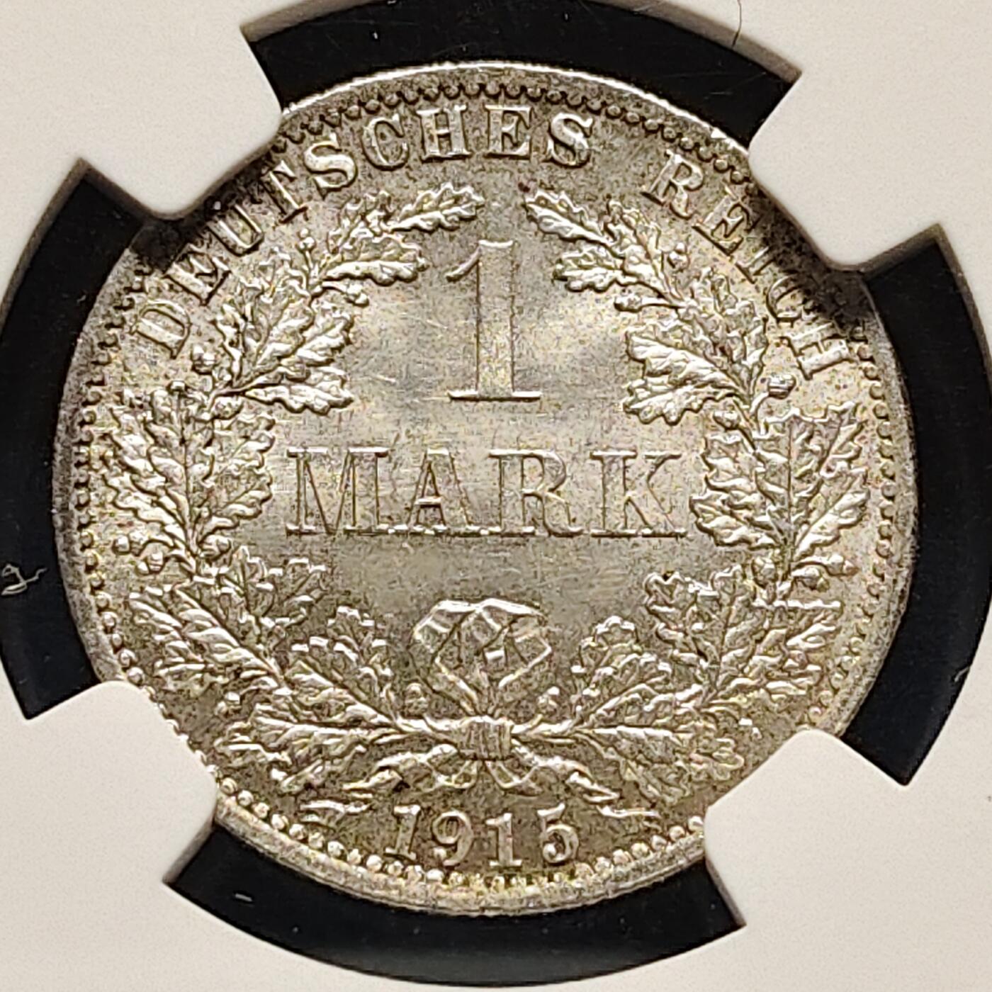 【全场包邮】纯粹捡漏拍495场-持续更新中 德国第二帝国1915年1马克银币（彩色包浆）-NGC MS65