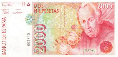 小福收藏拍卖第199期 裸钞场 本期有多张豹子号靓号 瑞士1000法郎 经典提香 毛里求斯首发年大全套 白俄罗斯5000000卢布 苏里南10000盾  爱沙尼亚  苏丹 西班牙 保加利亚 古巴等多国精美纸币 - 西班牙 1992年 2000比塞塔 6位纯数字号码 千位号 unc