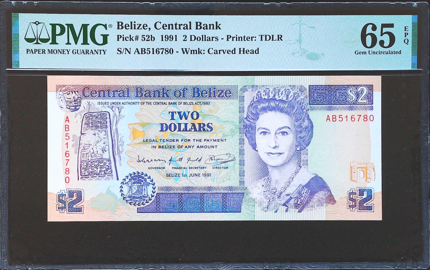 世界靓号纸钞第八十一期 1991年伯利兹2元 全程无4 PMG65