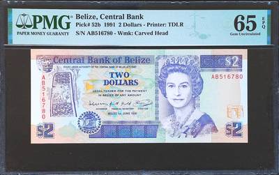世界靓号纸钞第八十一期 - 1991年伯利兹2元 全程无4 PMG65