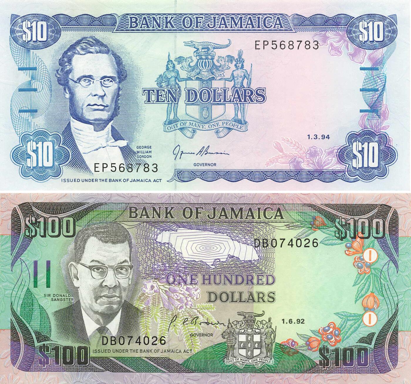 小福收藏拍卖第199期 裸钞场 本期有多张豹子号靓号 瑞士1000法郎 经典提香 毛里求斯首发年大全套 白俄罗斯5000000卢布 苏里南10000盾  爱沙尼亚  苏丹 西班牙 保加利亚 古巴等多国精美纸币 牙买加 1994年 10元+1992年 100元 1组2张 unc