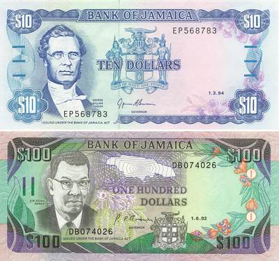 小福收藏拍卖第199期 裸钞场 本期有多张豹子号靓号 瑞士1000法郎 经典提香 毛里求斯首发年大全套 白俄罗斯5000000卢布 苏里南10000盾  爱沙尼亚  苏丹 西班牙 保加利亚 古巴等多国精美纸币 - 牙买加 1994年 10元+1992年 100元 1组2张 unc