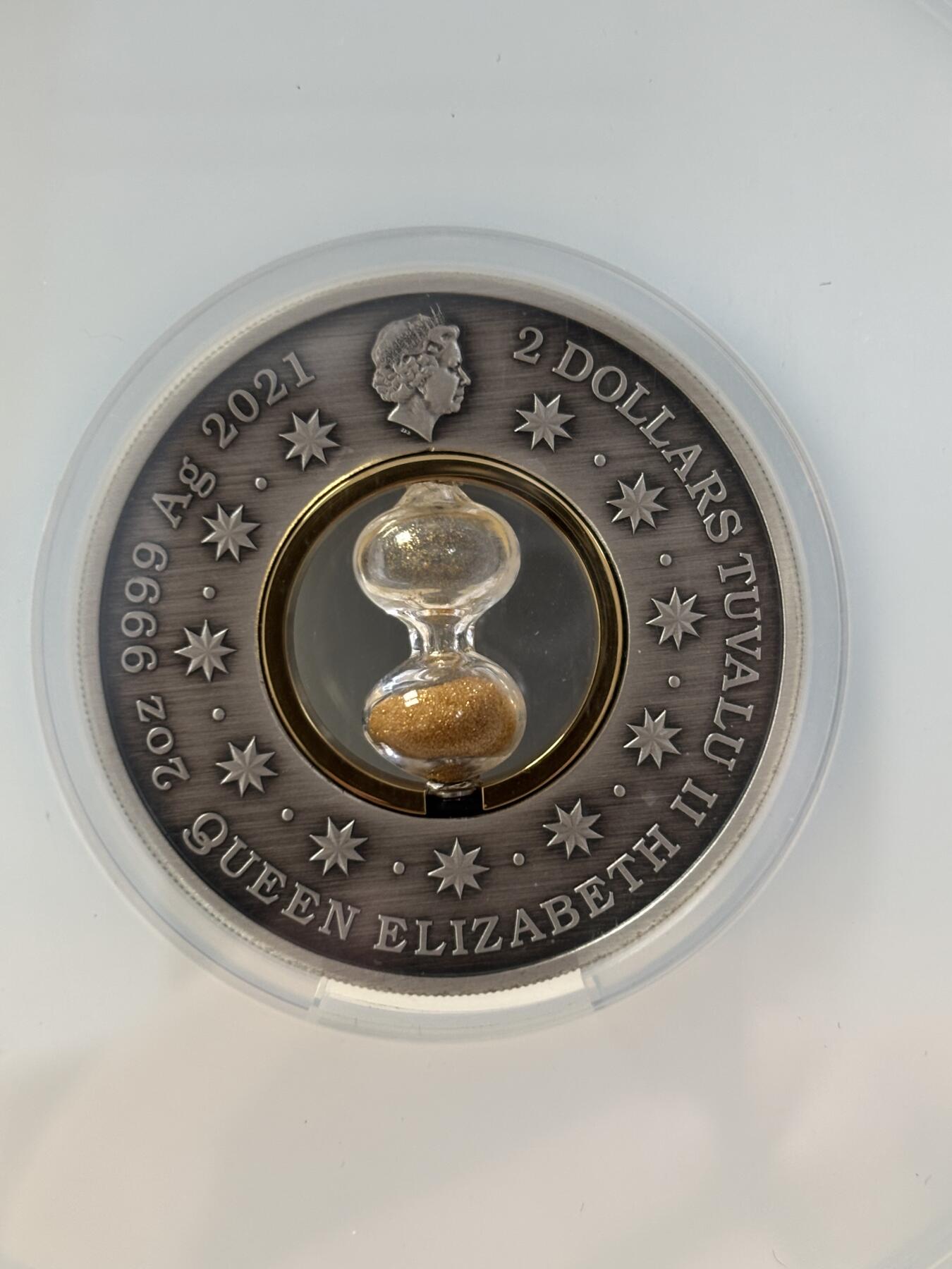 第188期拍卖  图瓦卢2021年镶嵌计时沙漏2盎司仿古纪念银币NGC-MS70首无盒无证书，999银，发行2500枚