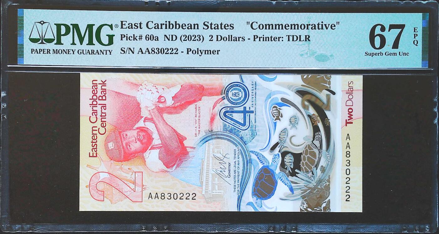世界靓号纸钞第八十一期 2023年东加勒比2元 稀少首发AA冠 全程无47 豹子号222 PMG67 2023年IBNS世界最佳纸币