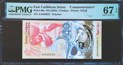 世界靓号纸钞第八十一期 - 2023年东加勒比2元 稀少首发AA冠 全程无47 豹子号222 PMG67 2023年IBNS世界最佳纸币