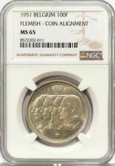 博洋堂世界钱币拍卖第157期（全场包邮） - NGC MS65 比利时1951年四巨头100法郎主币银币，老精稀。