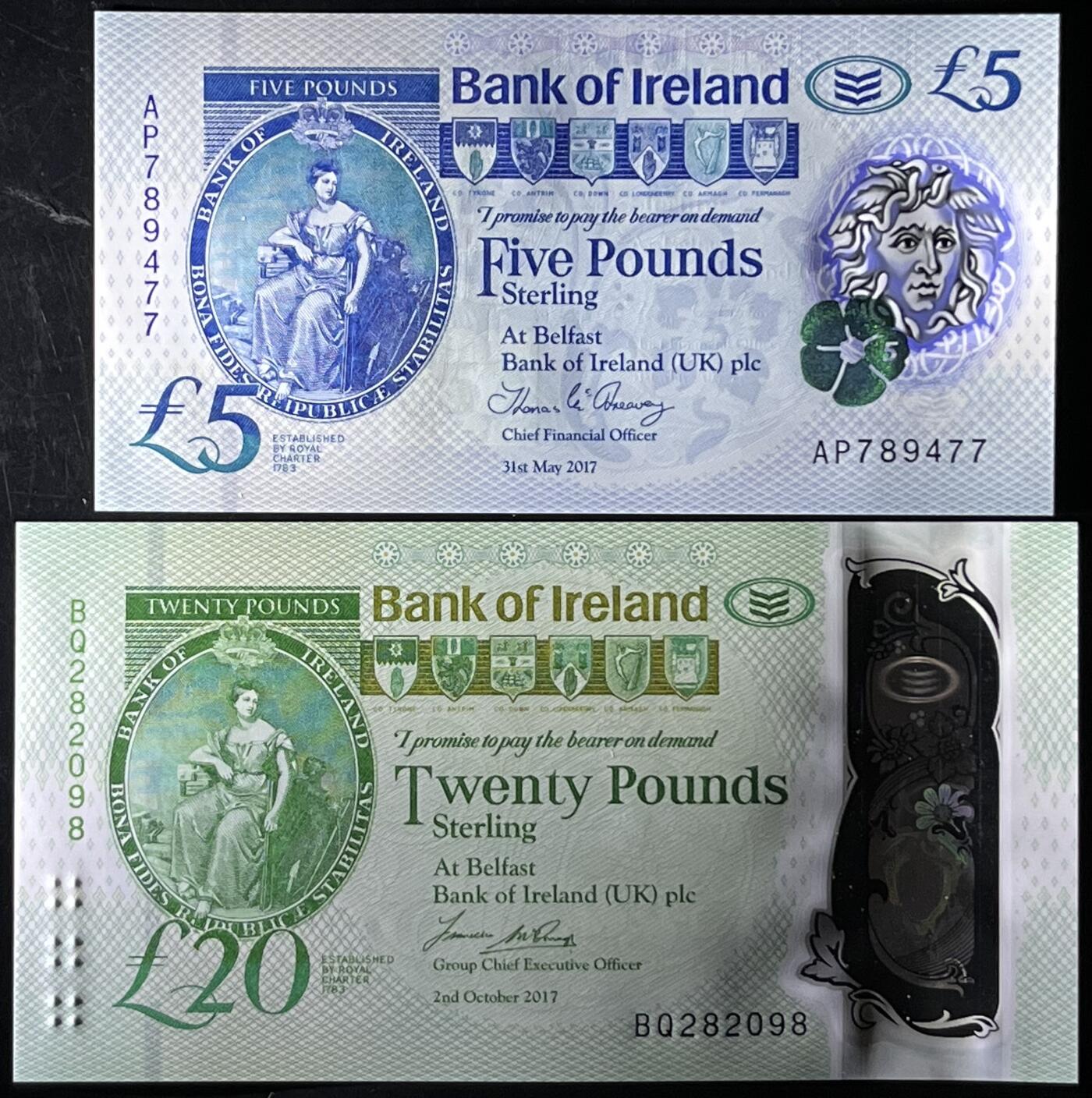 小福收藏拍卖第199期 裸钞场 本期有多张豹子号靓号 瑞士1000法郎 经典提香 毛里求斯首发年大全套 白俄罗斯5000000卢布 苏里南10000盾  爱沙尼亚  苏丹 西班牙 保加利亚 古巴等多国精美纸币 北爱尔兰 爱尔兰银行 2017年 5镑 双尾+20镑 无47 尾8 塑料钞 1组2张 unc