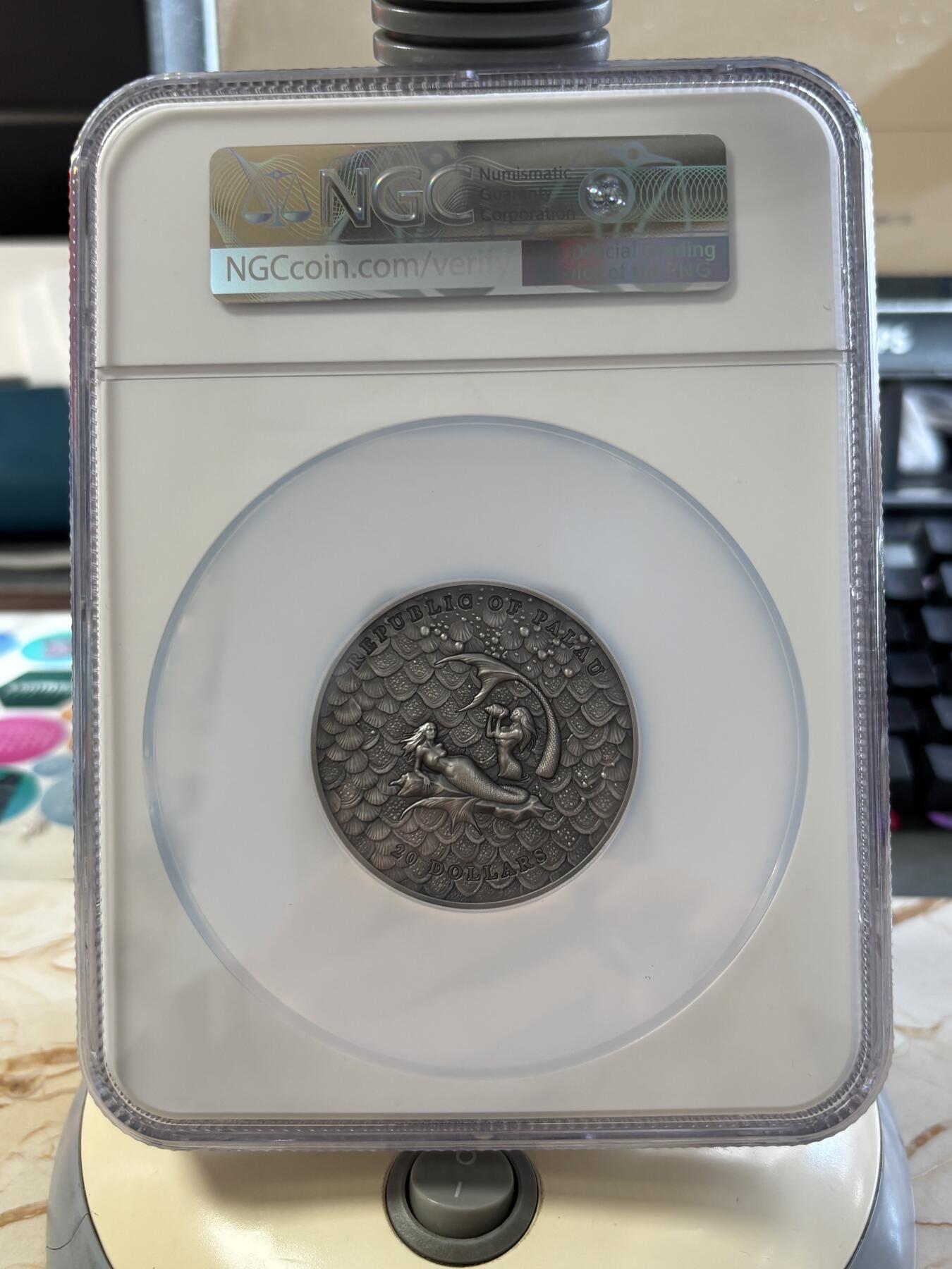 第188期拍卖 帕劳2024年水下幻想美人鱼3盎司银币NGC-MS70分首无盒证书，3盎司，发行777枚