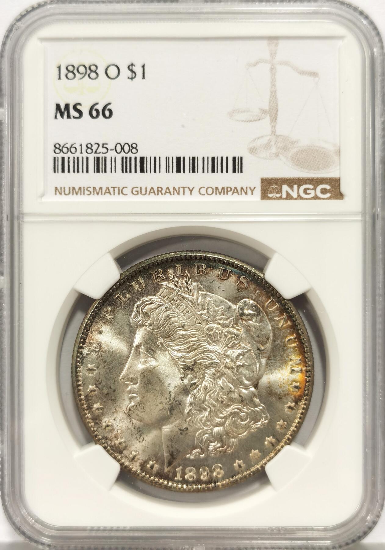 博洋堂世界钱币拍卖第157期（全场包邮） NGC MS66 美国1898 O 摩根 双面五彩包浆