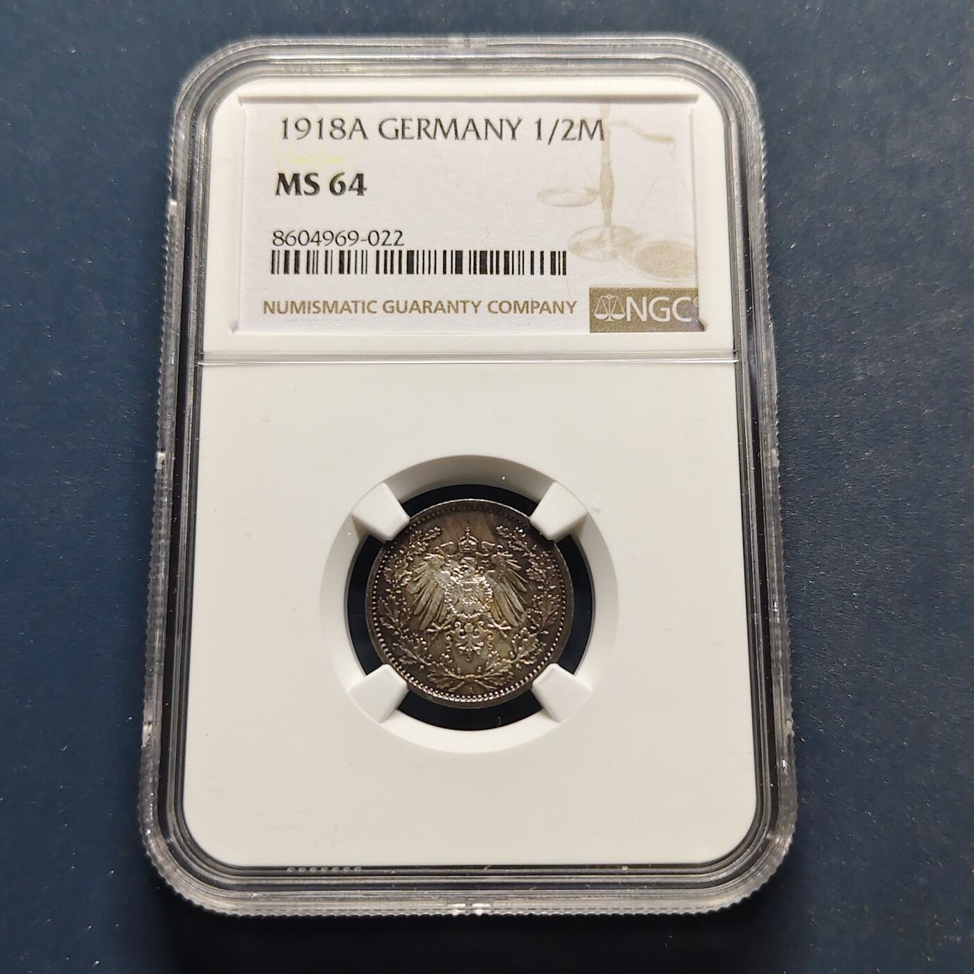 【全场包邮】纯粹捡漏拍495场-持续更新中 德国第二帝国1918年1/2马克银币（彩色包浆）-NGC MS64