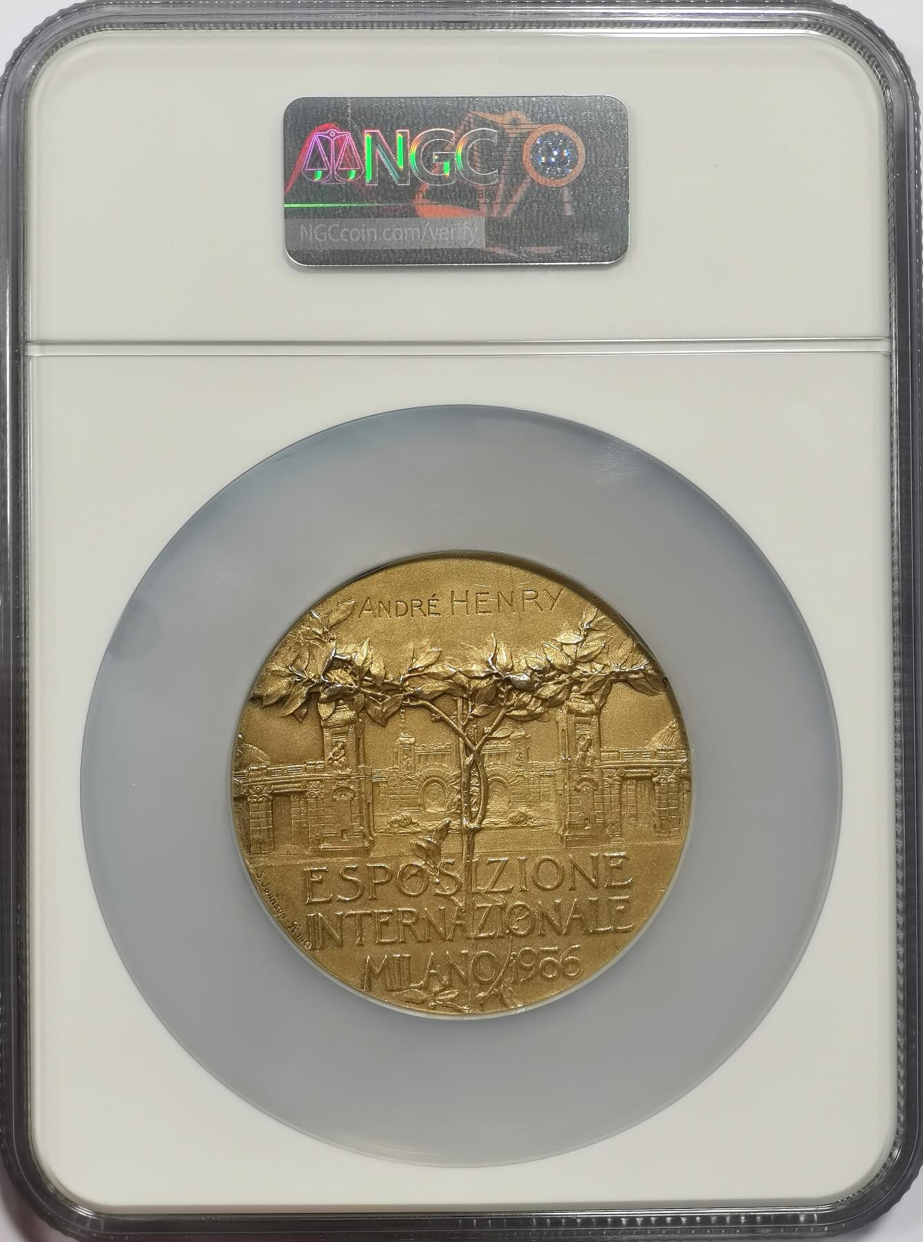 博洋堂世界钱币拍卖第157期（全场包邮） NGC MS63 意大利1906年米兰世博会镀金银章，一吻定情，直径61mm