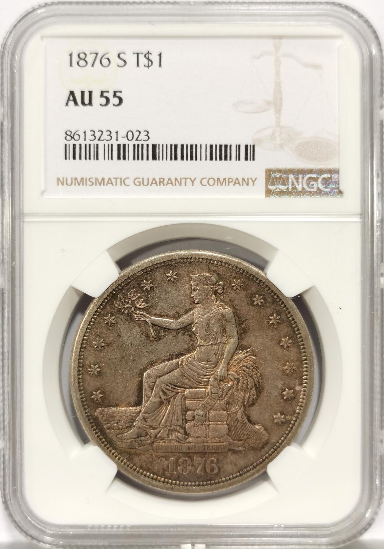 博洋堂世界钱币拍卖第157期（全场包邮） NGC AU55 美国1876年拿花贸易银币，金色包浆带光，性价比很高值得入藏的一枚