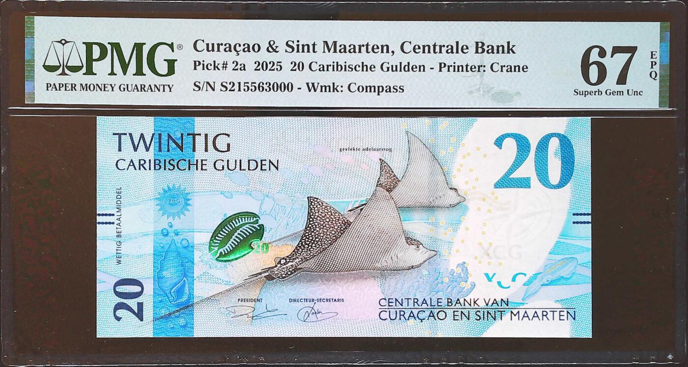世界靓号纸钞第八十一期 2025年库拉索和圣马丁20盾 全程无47 豹子号000 PMG67 非常精美的钞