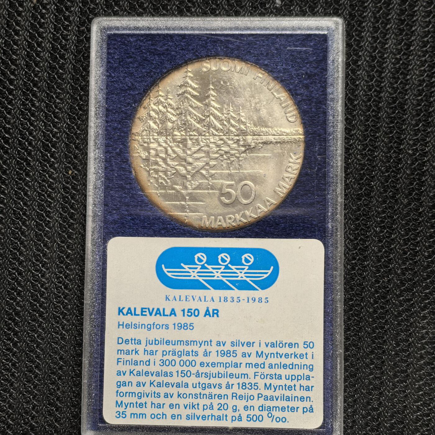 道一币馆币章第一百六十二场 原盒证 芬兰1985年芬兰民族史诗《卡勒瓦拉》150周年50马克纪念银币
