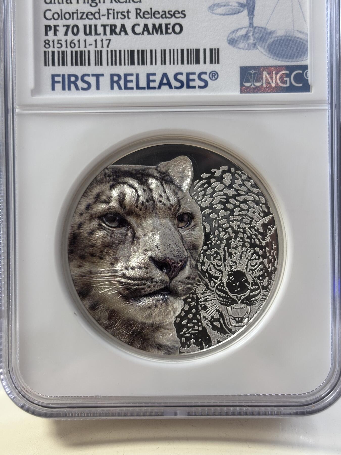 第188期拍卖 蒙古2024年草原动物雪豹1盎司彩银币NGC-PF70首期无盒无证书，9999银，发行2500枚