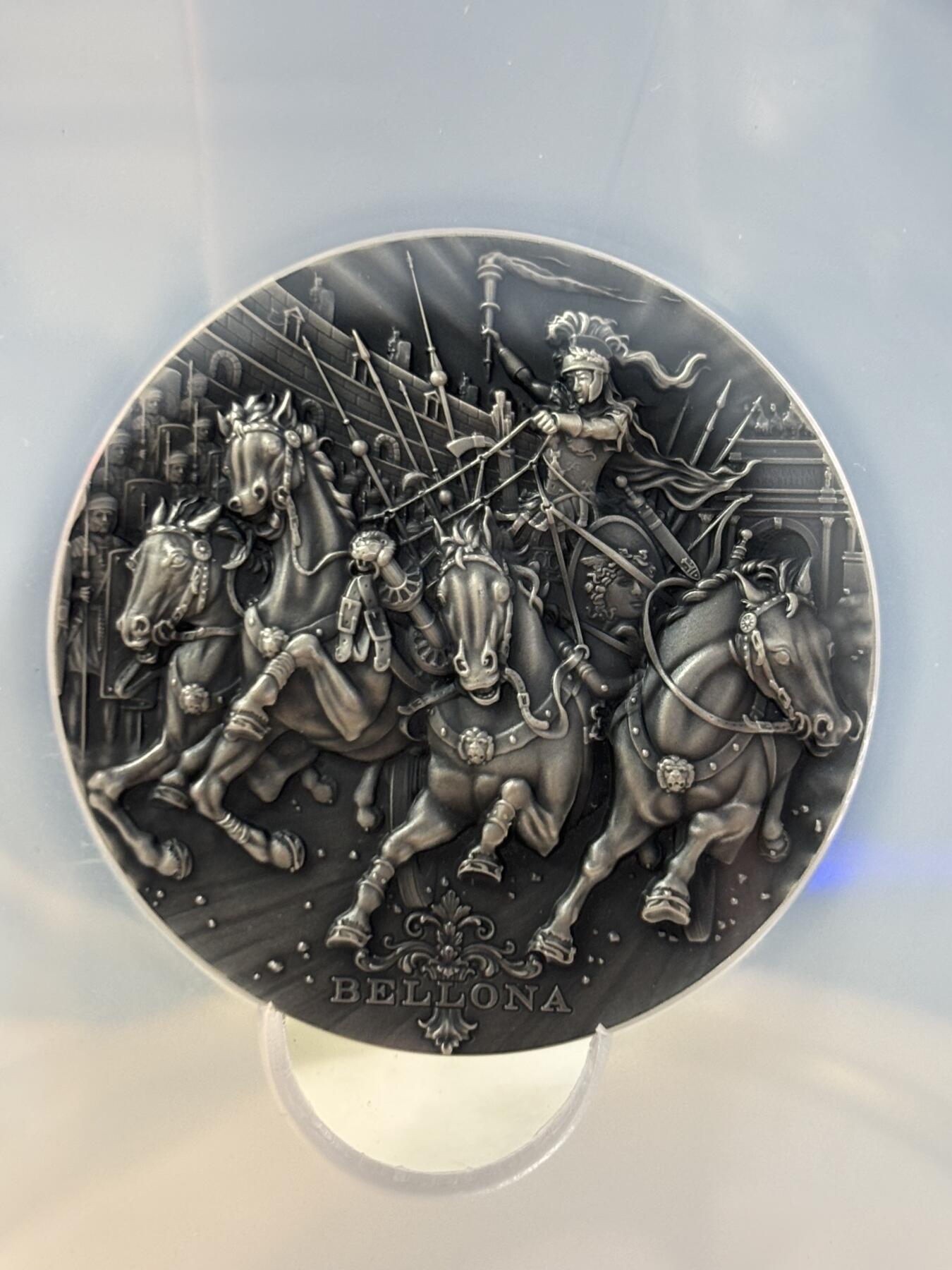 第188期拍卖 纽埃2018年古罗马诸神2战争女神贝罗娜2盎司高浮雕银币评级币NGC-MS70无盒无证书，999银，发行量500枚