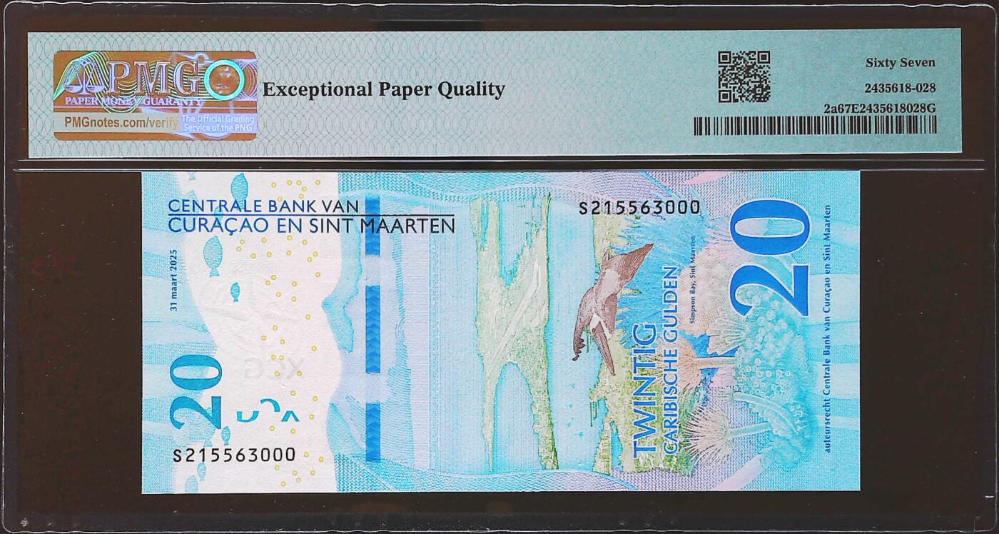 世界靓号纸钞第八十一期 2025年库拉索和圣马丁20盾 全程无47 豹子号000 PMG67 非常精美的钞