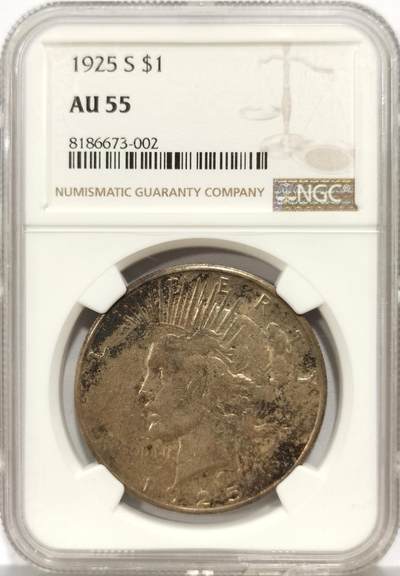 博洋堂世界钱币拍卖第159期（全场包邮） - NGC AU55 美国1925年S版和平银币，铸量只有161万枚，彩也好看，稍稍一转即泛起金色，其中还夹着丝丝其他颜色的变化